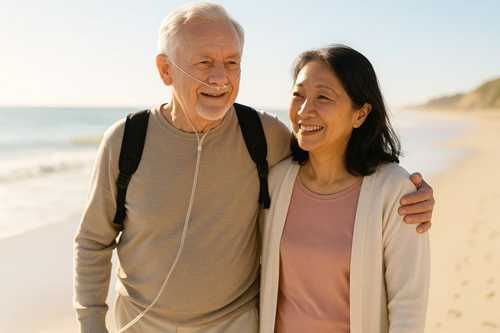 Person walking outdoors confidently while using a portable oxygen concentrator, enjoying independence and freedom.
