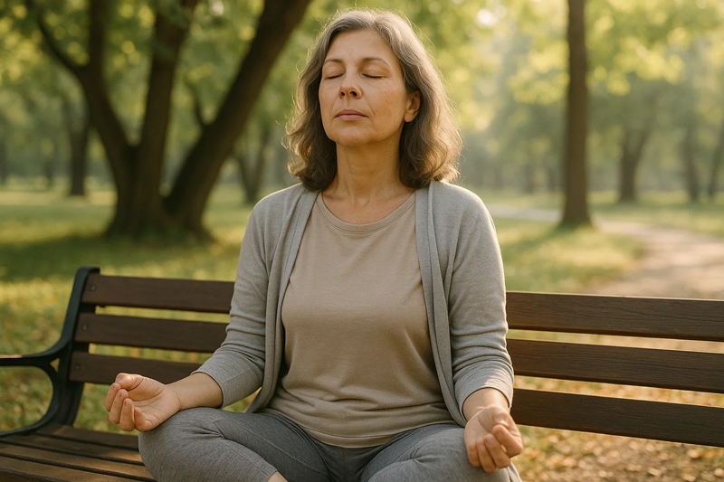 Middle-aged woman practicing mindful breathing while sitting on a park bench, looking calm and relaxed, surrounded by trees and sunlight.
